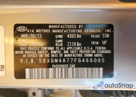 2015 Kia Optima Lx z USA, uszkodzony, nr VIN 5XXGM4A77FG466005